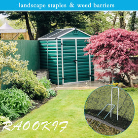 RAOOKIF 8-inch stakes shown in fence-line setup for sturdy ground fixation