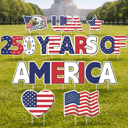 RattanView 250th anniversary yard sign set displayed in a front yard for celebrations.