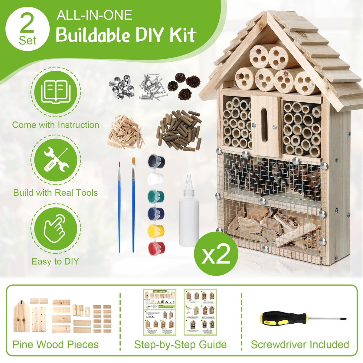 RattanView bug hotel kit paint brushes arranged for colorful outdoor crafting sessions.