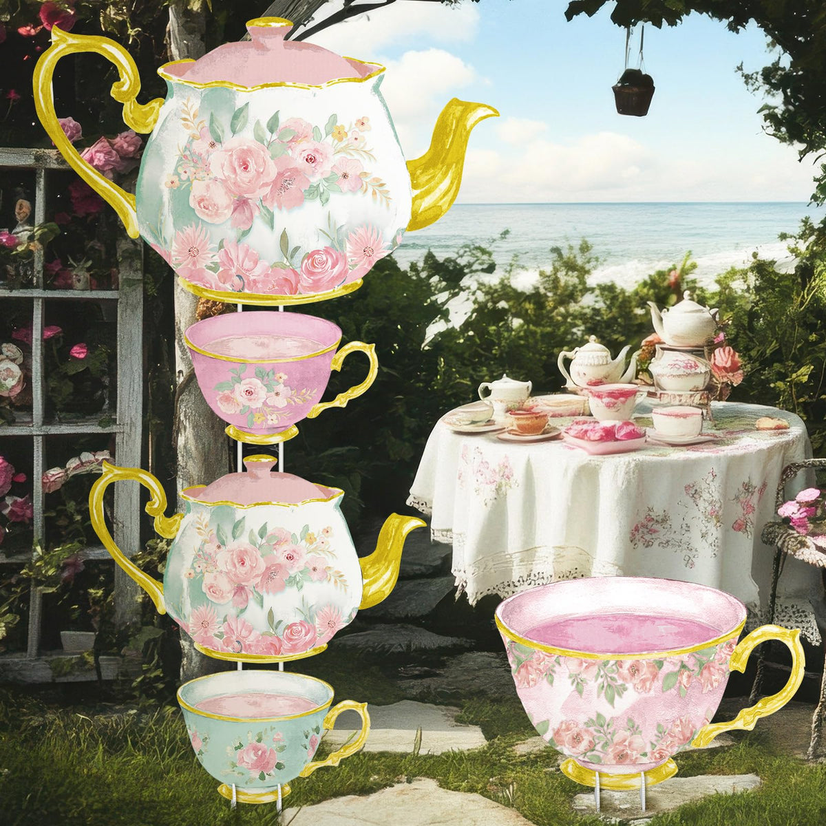 RattanView large teacup with vibrant floral pattern for lawn decor