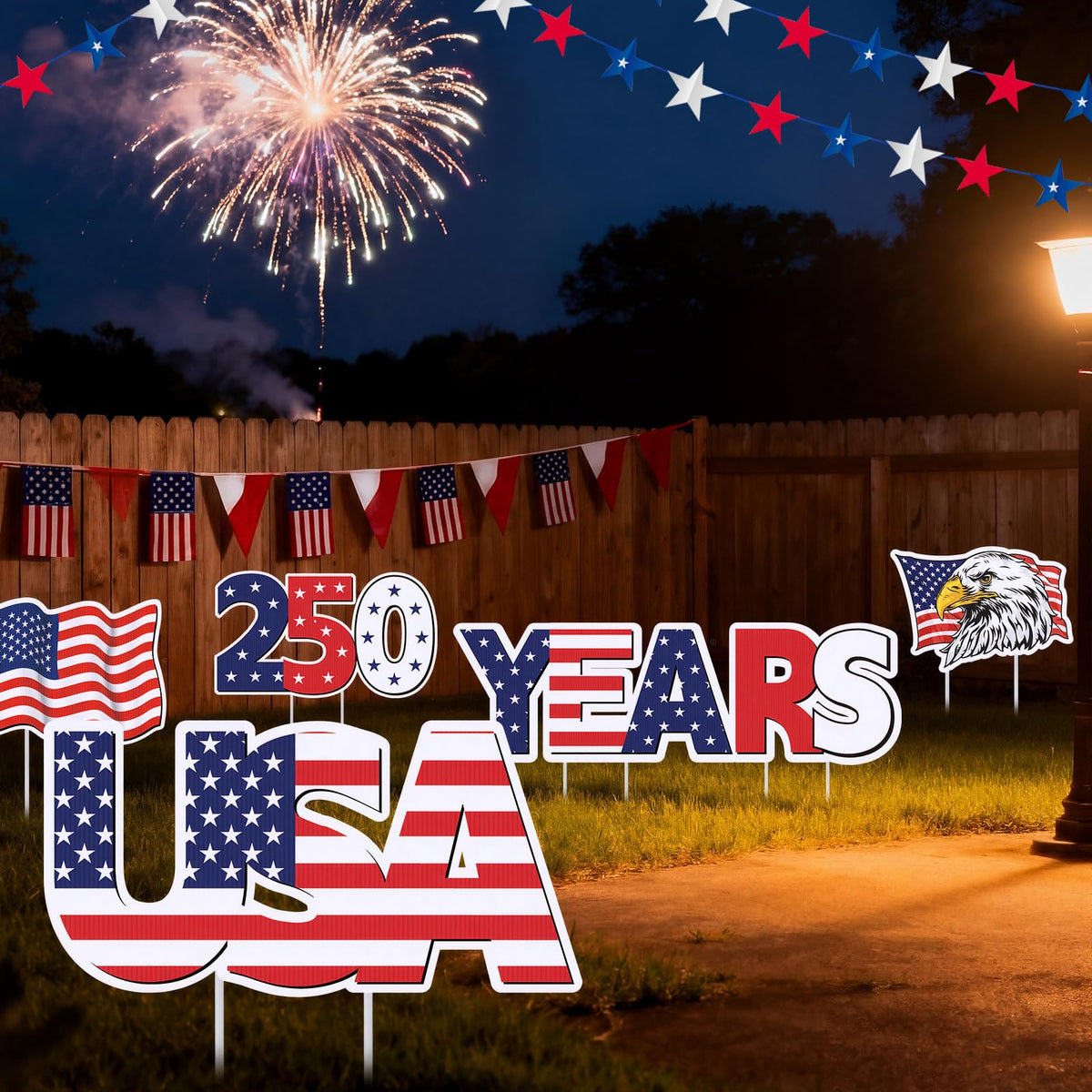 RattanView patriotic yard decor brightens front yard during parades and holidays.