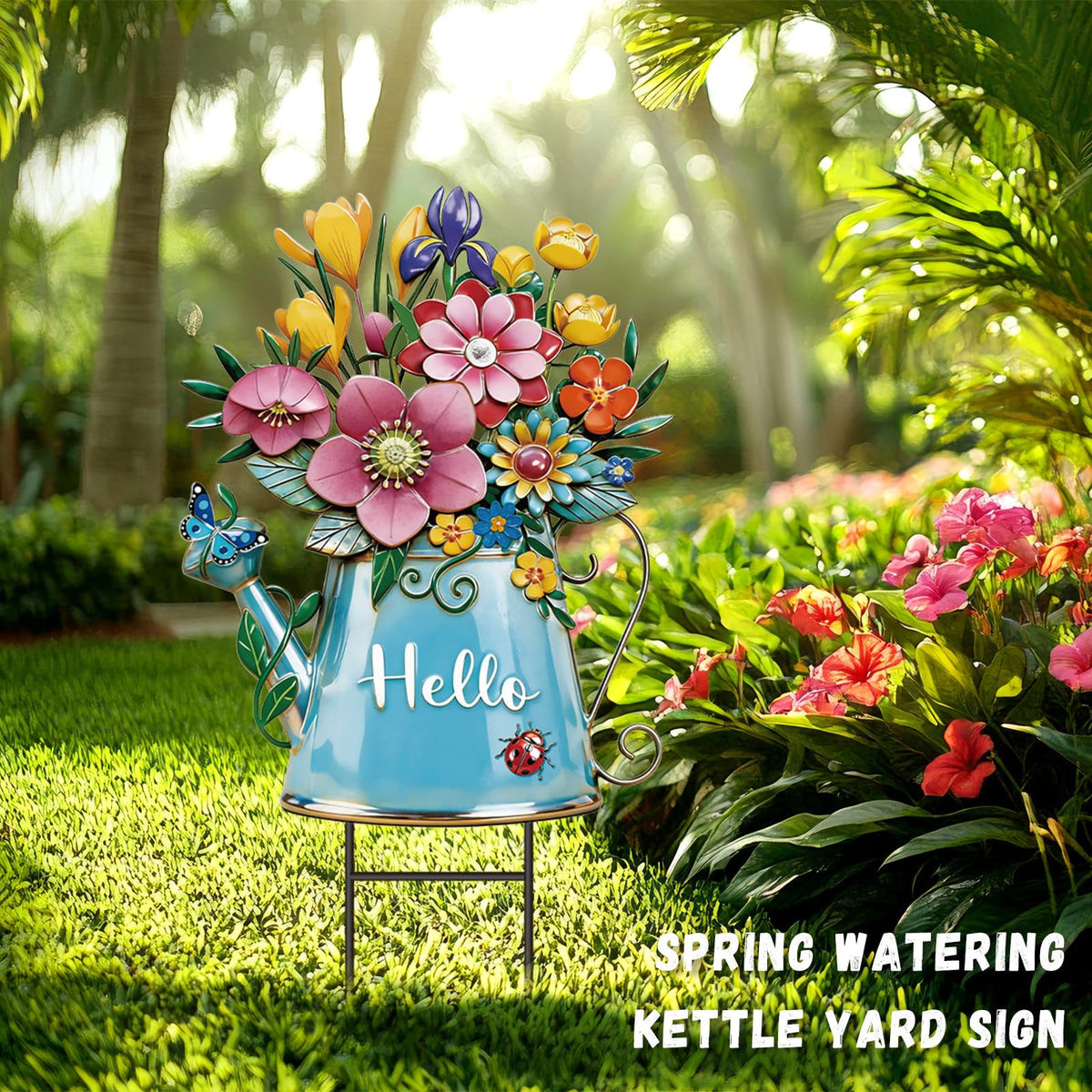 RattanView metal garden stake with floral design stands up to weather.