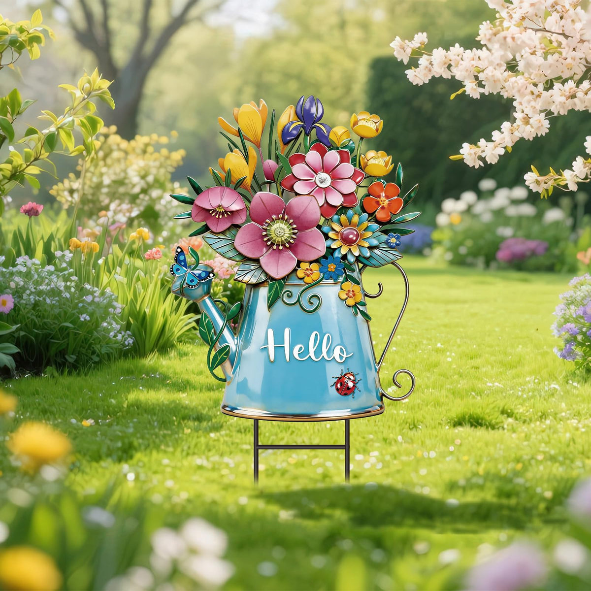 RattanView spring metal yard sign with bugs and flowers decor welcomes guests.