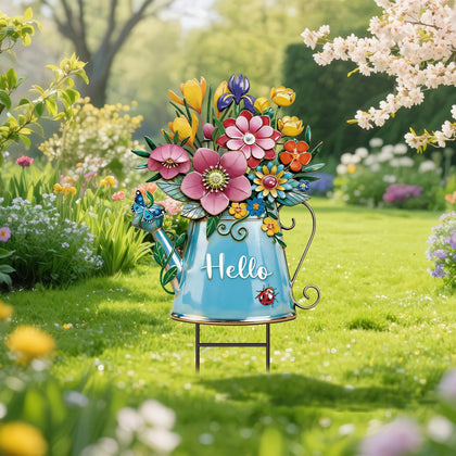 RattanView spring metal yard sign with bugs and flowers decor welcomes guests.