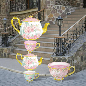RattanView yard stakes and stand support a charming tea-party scene