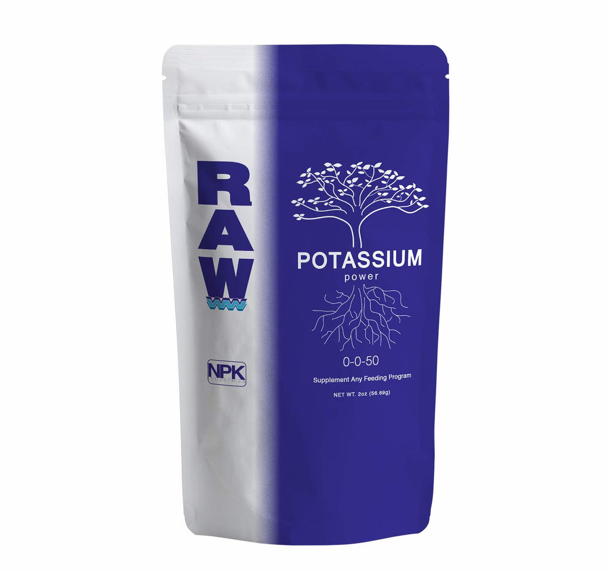 RAW Potassium 2 oz bottle pour demonstrates easy dosing for flowering stages.