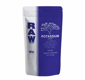 RAW Potassium 2 oz bottle pour demonstrates easy dosing for flowering stages.