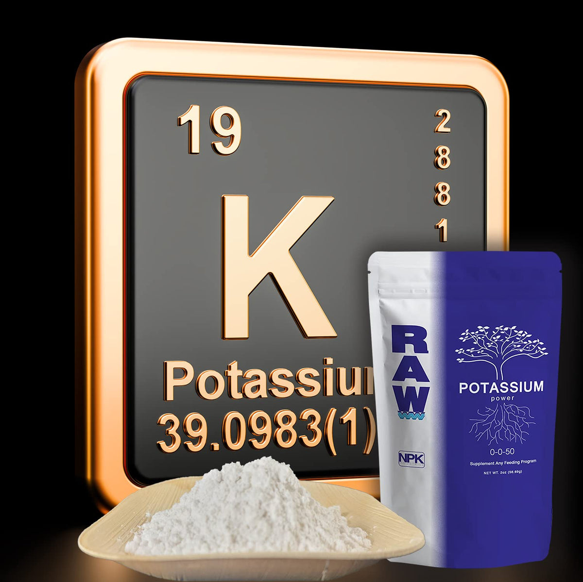 RAW Potassium 2 oz label closeup shows clear nutrient information for steady feeding.