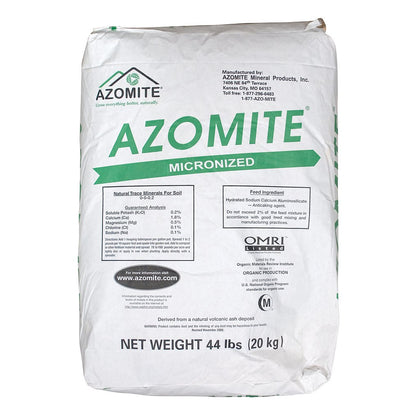 Raw Supply AZOMITE powder bag supports soil nutrition for organic gardens.