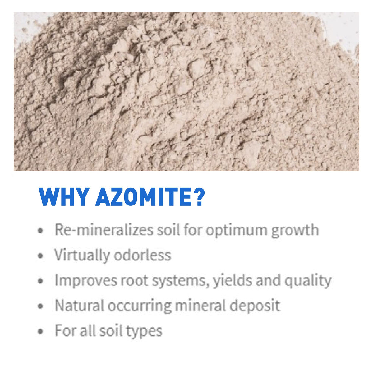 Raw Supply AZOMITE soil amendment for garden beds and planters.