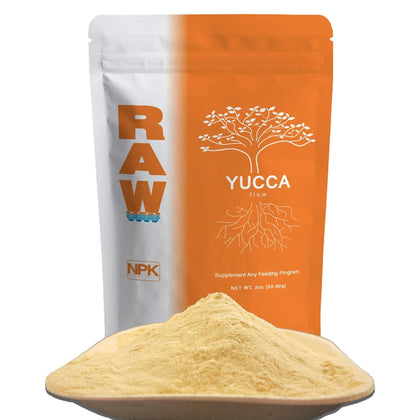 RAW Yucca Flow bottle pour—natural wetting agent boosting soil hydration and nutrient uptake.