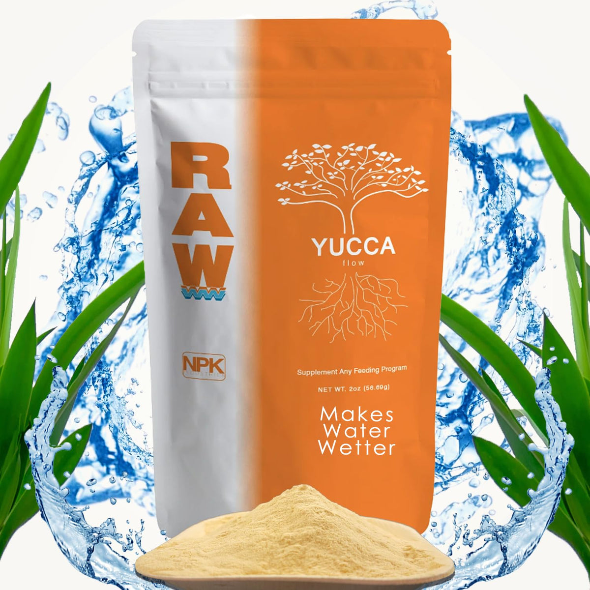 RAW Yucca Flow bottle in use as a wetting agent for nutrient solutions in a mixing container.