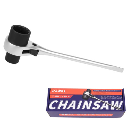 RAWILL chainsaw maintenance tool with dual 0.5 and 0.75 inch wrenches for quick field adjustments.