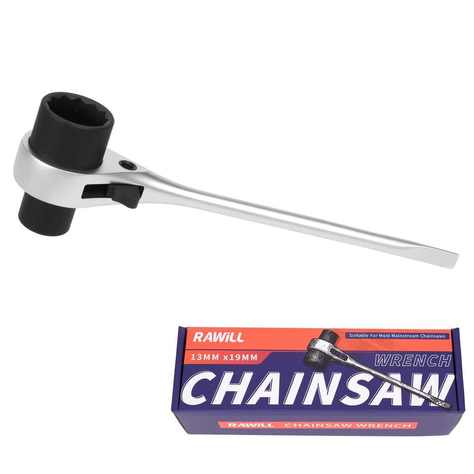 RAWILL chainsaw maintenance tool with dual 0.5 and 0.75 inch wrenches for quick field adjustments.