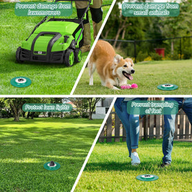 RAWILL green sprinkler guard sits securely in soil with adjustable depth