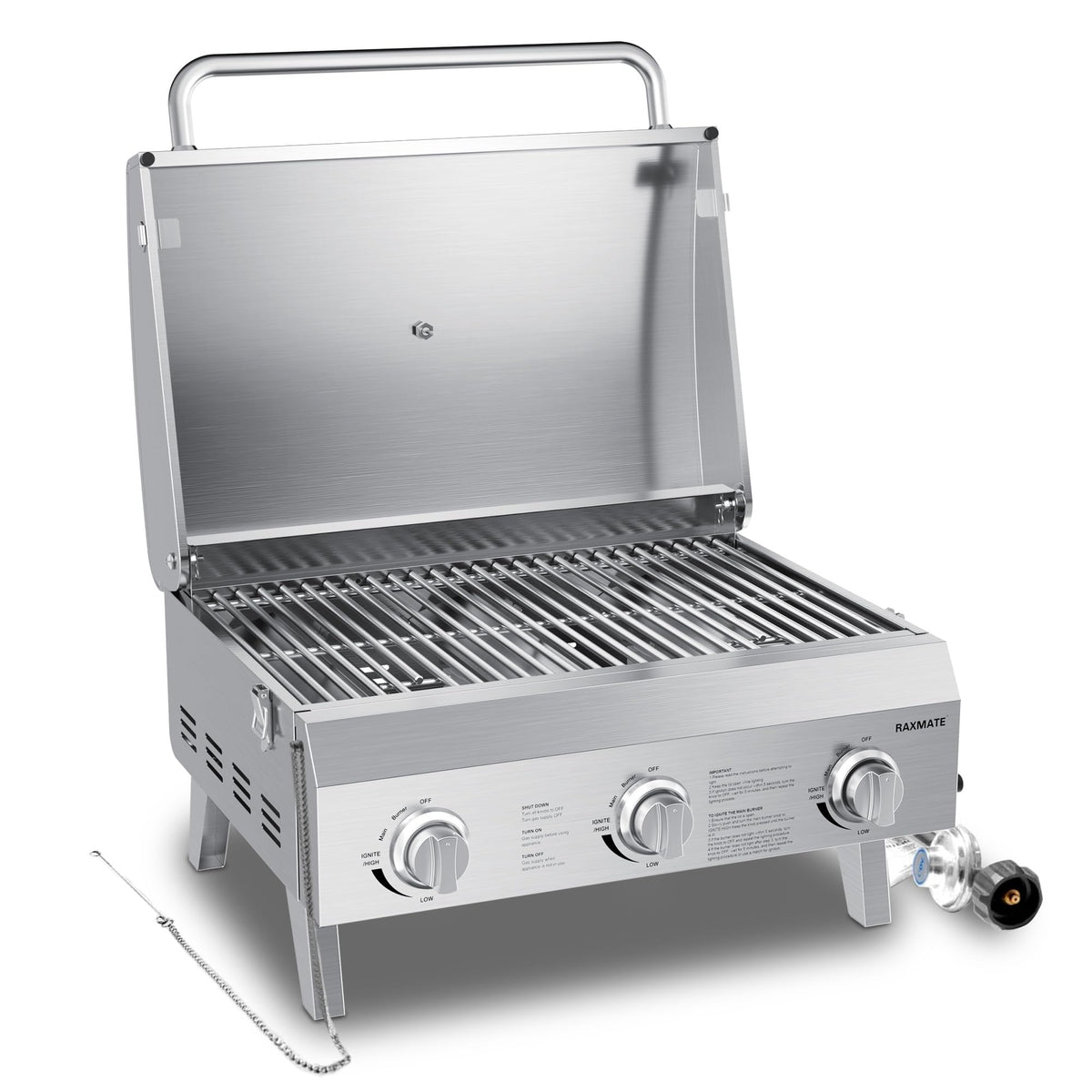 Raxmate grill propane-tank-connection enables quick setup with a 20-lb tank