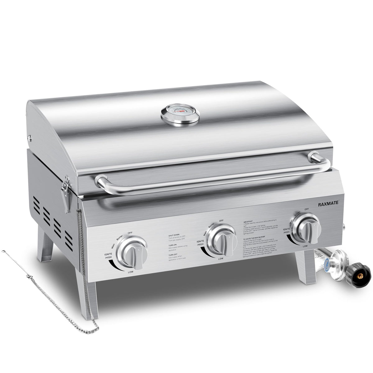 Raxmate tabletop-gas-grill-3-burner-22-inch delivers even heat for outdoor cooking
