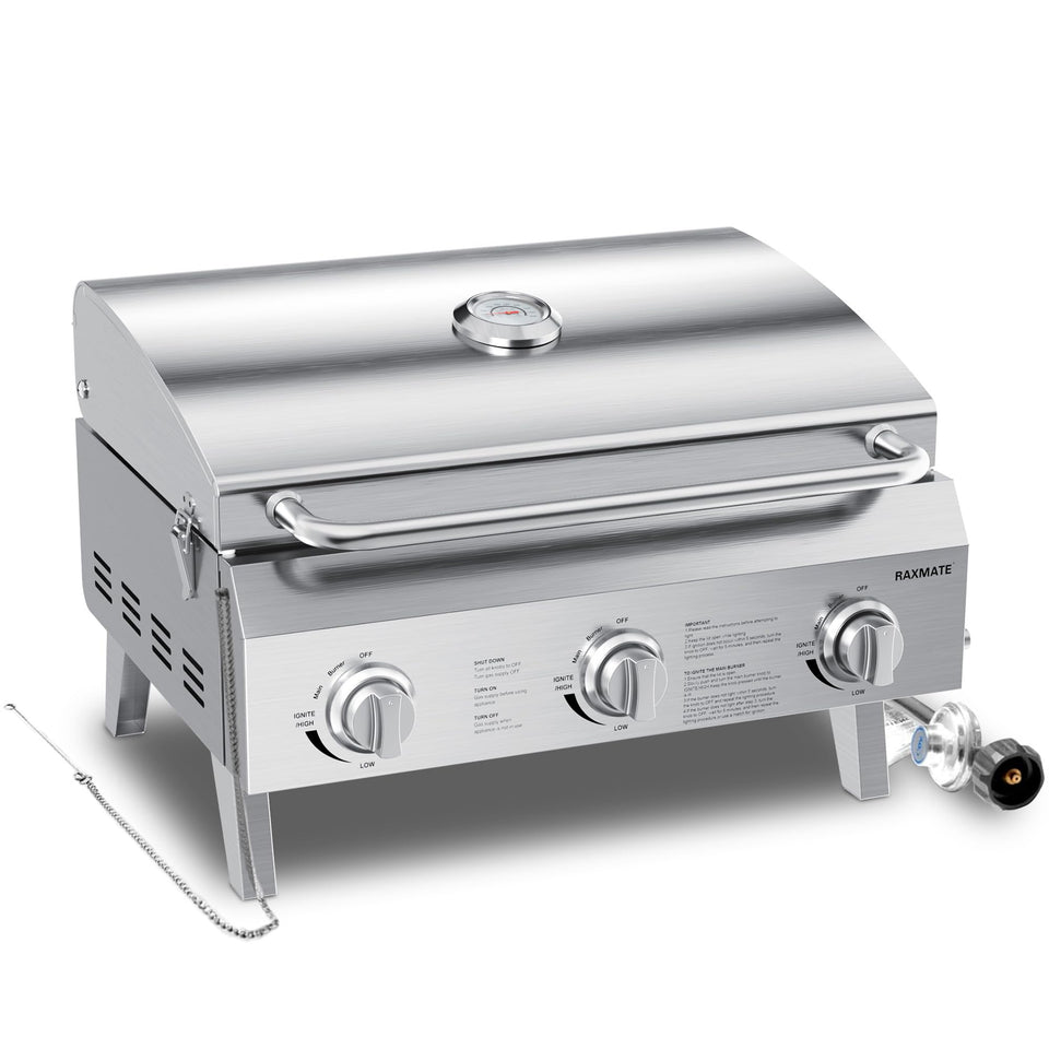 Raxmate tabletop-gas-grill-3-burner-22-inch delivers even heat for outdoor cooking