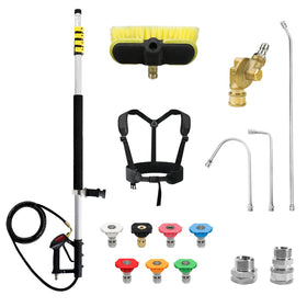 Raynel 24ft wand with brush head reaches gutters and siding for thorough outdoor cleaning.