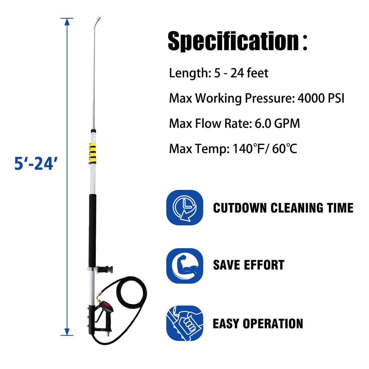 Raynel extension wand with 15-degree angle enables reach into corners.