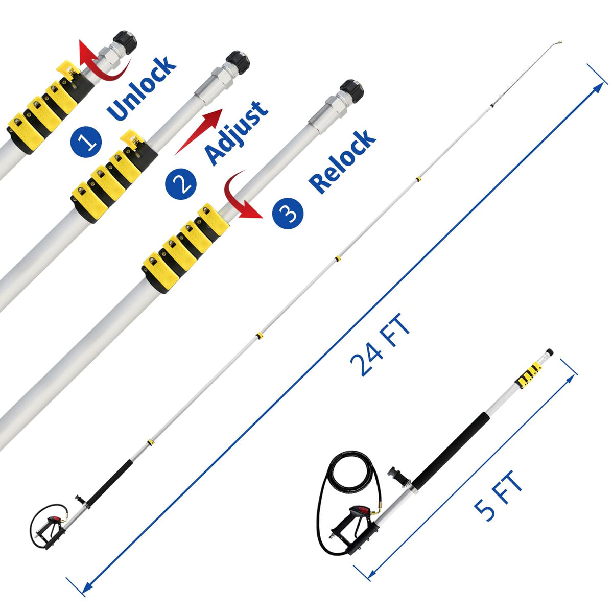 Raynel extension wand with 90-degree bend cleans under eaves and tight spots.