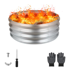 Raynesys 24-inch round galvanized fire pit ring front view for sturdy outdoor use.