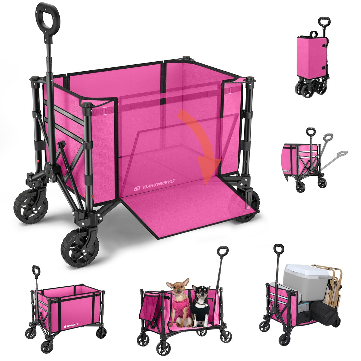Raynesys 3-in-1 pink collapsible wagon folded for compact storage and portability