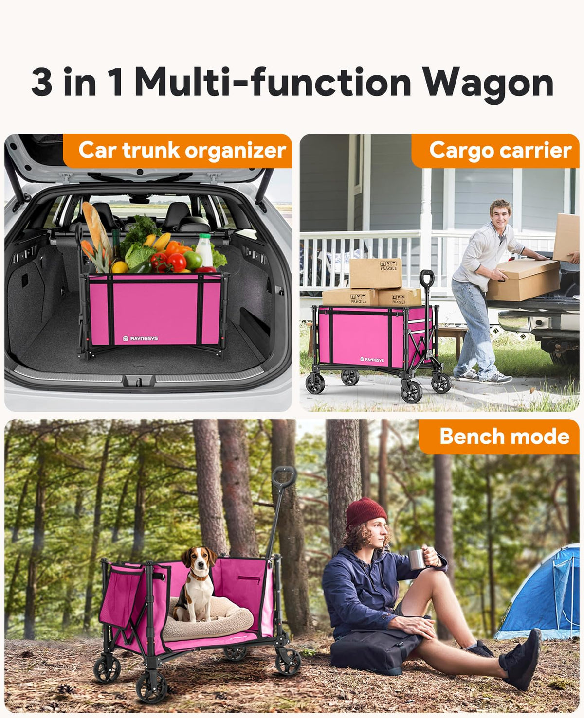 Raynesys 3-in-1 pink collapsible wagon with wheels extended for easy transport