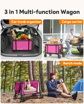 Raynesys 3-in-1 pink collapsible wagon with wheels extended for easy transport