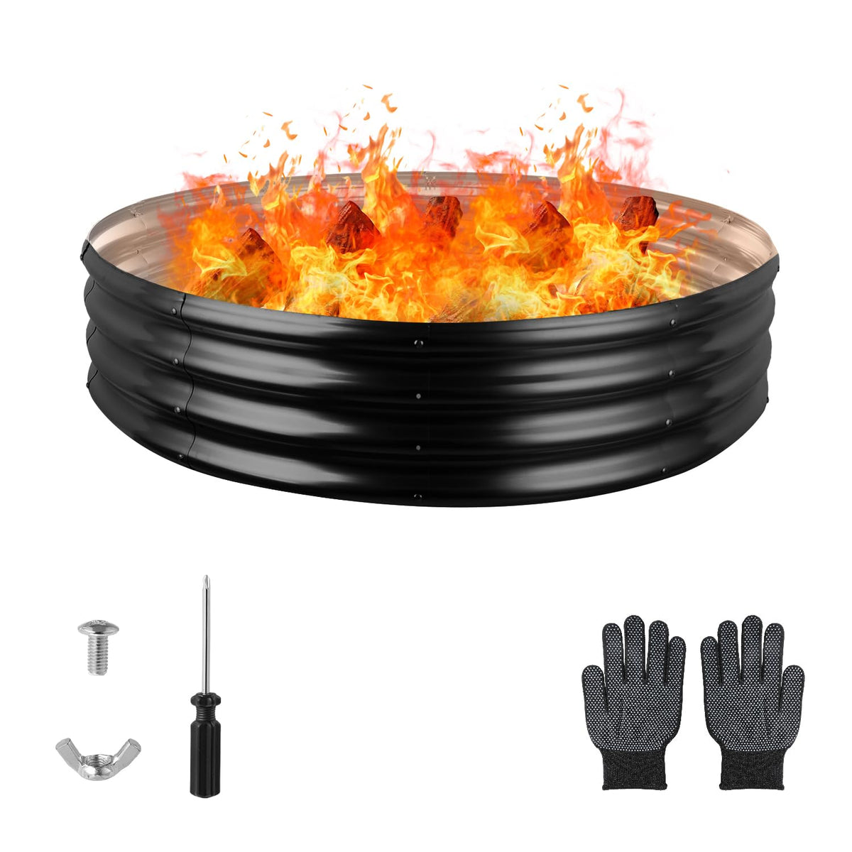 Raynesys 48-inch round galvanized fire pit ring ready for backyard installation and durability.