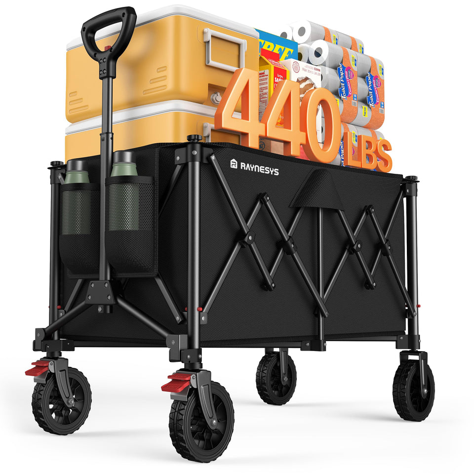 Raynesys collapsible wagon frame demonstrates portable design for quick setup and storage.