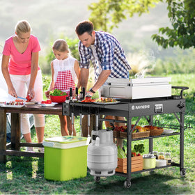 Raynesys locking wheels secure the cart during cooking.