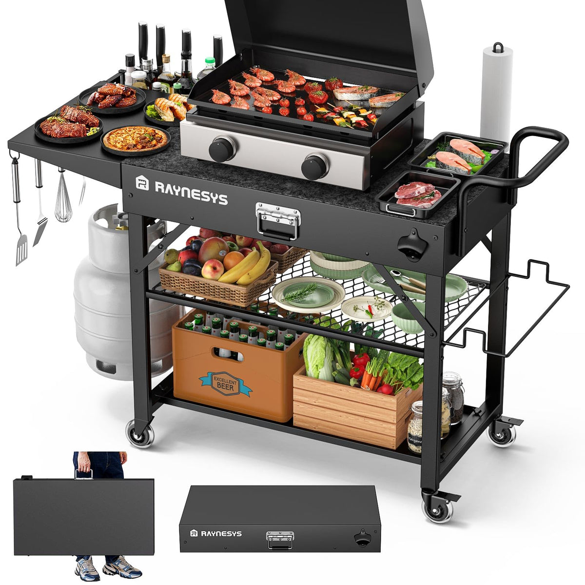 Raynesys Outdoor Grill Cart assembly shows sturdy frame and transport wheels.