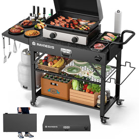 Raynesys Outdoor Grill Cart assembly shows sturdy frame and transport wheels.