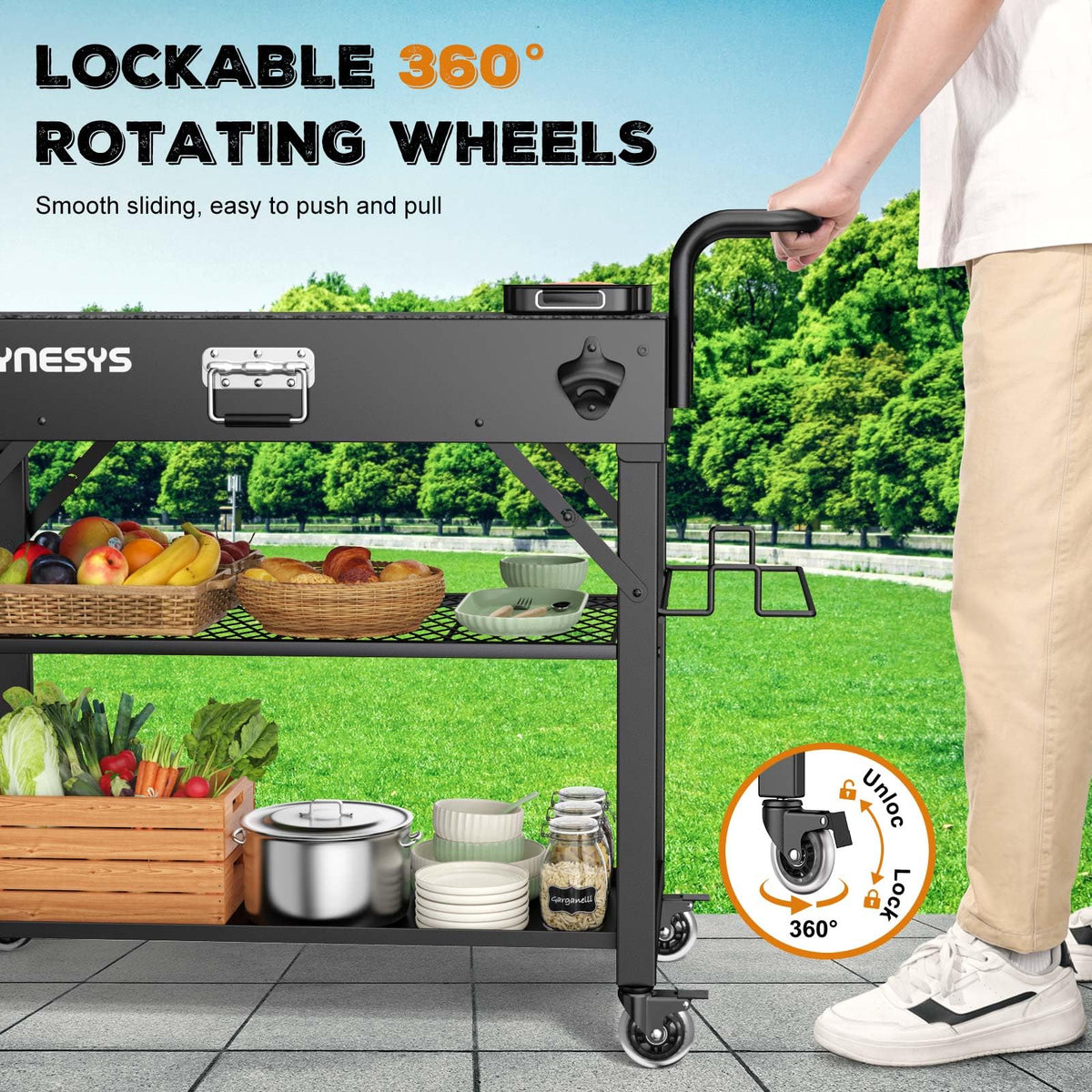 Raynesys cart with bottle opener and paper towel holder.