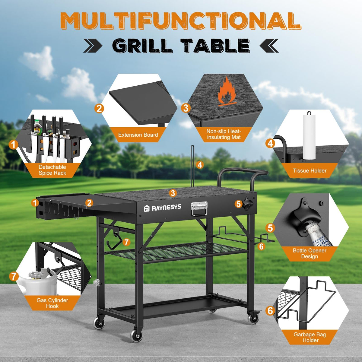 Raynesys grill cart with 3-tier storage keeps tools within reach.