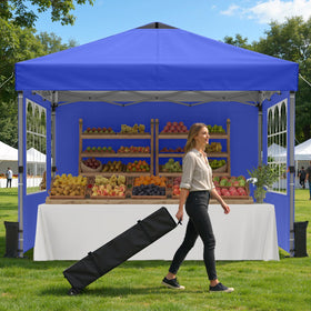 Raynesys 10x10 pop-up canopy setup demonstrating quick one-person assembly