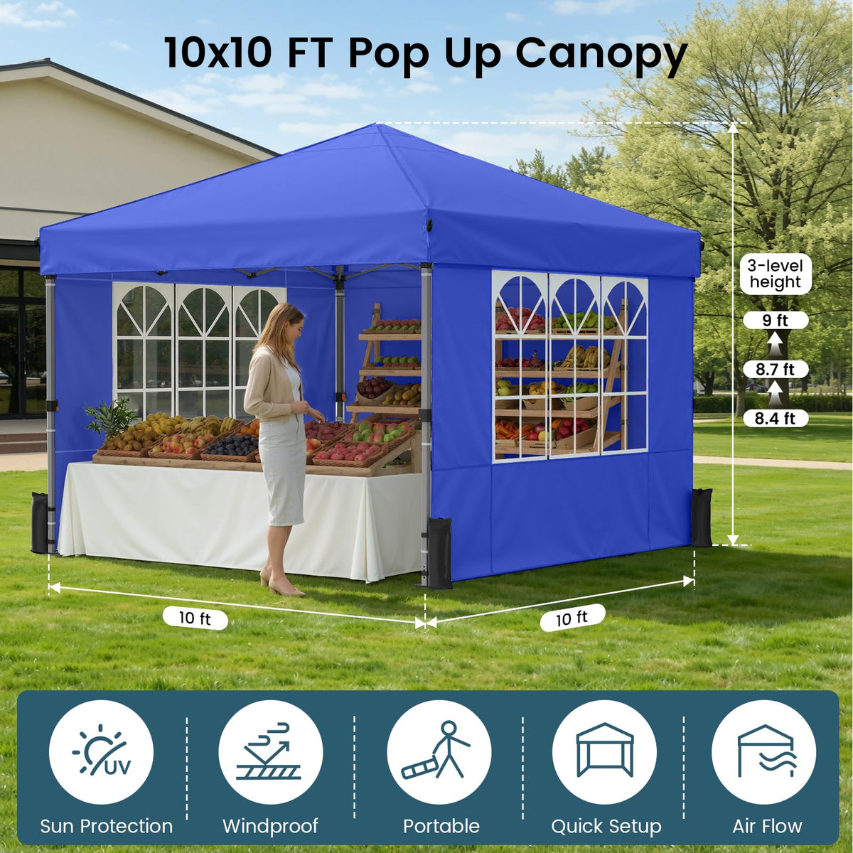Raynesys canopy with sidewalls extending shade coverage