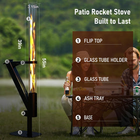 Rayzi Rocket Stove glass tube view provides mesmerizing flame visibility for evenings outdoors.