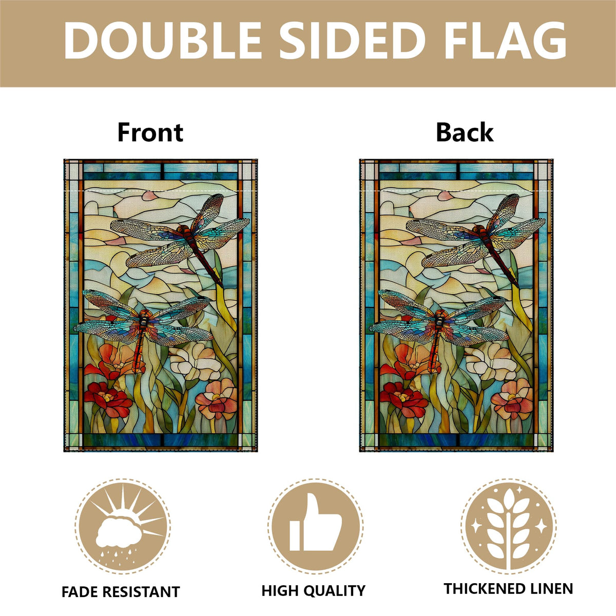 RBAFAO stained glass dragonfly flag adds charm to porch or veranda.