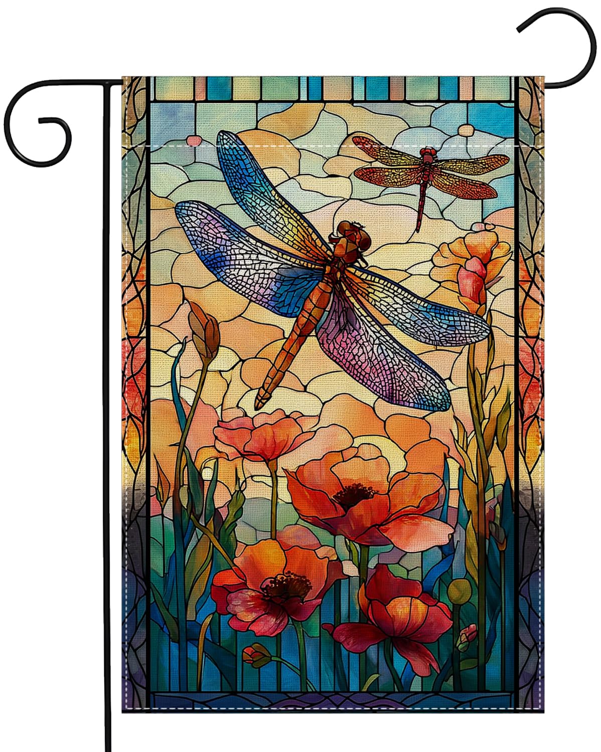 RBAFAO Dragonfly Garden Flag in stained-glass style, vivid from both sides for outdoor display.