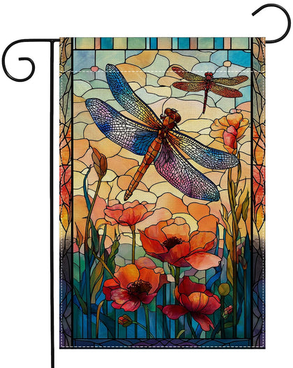 RBAFAO Dragonfly Garden Flag in stained-glass style, vivid from both sides for outdoor display.