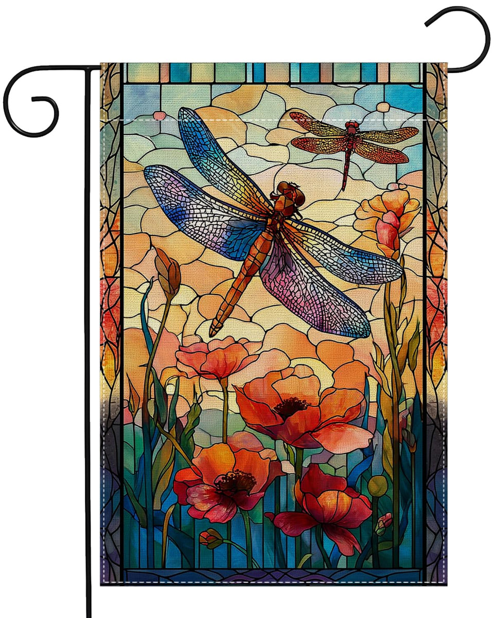 RBAFAO Dragonfly Garden Flag in stained-glass style, vivid from both sides for outdoor display.