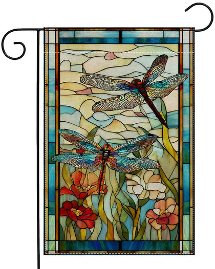 RBAFAO dragonfly garden flag with stained glass style, vibrant year-round outdoor decor.