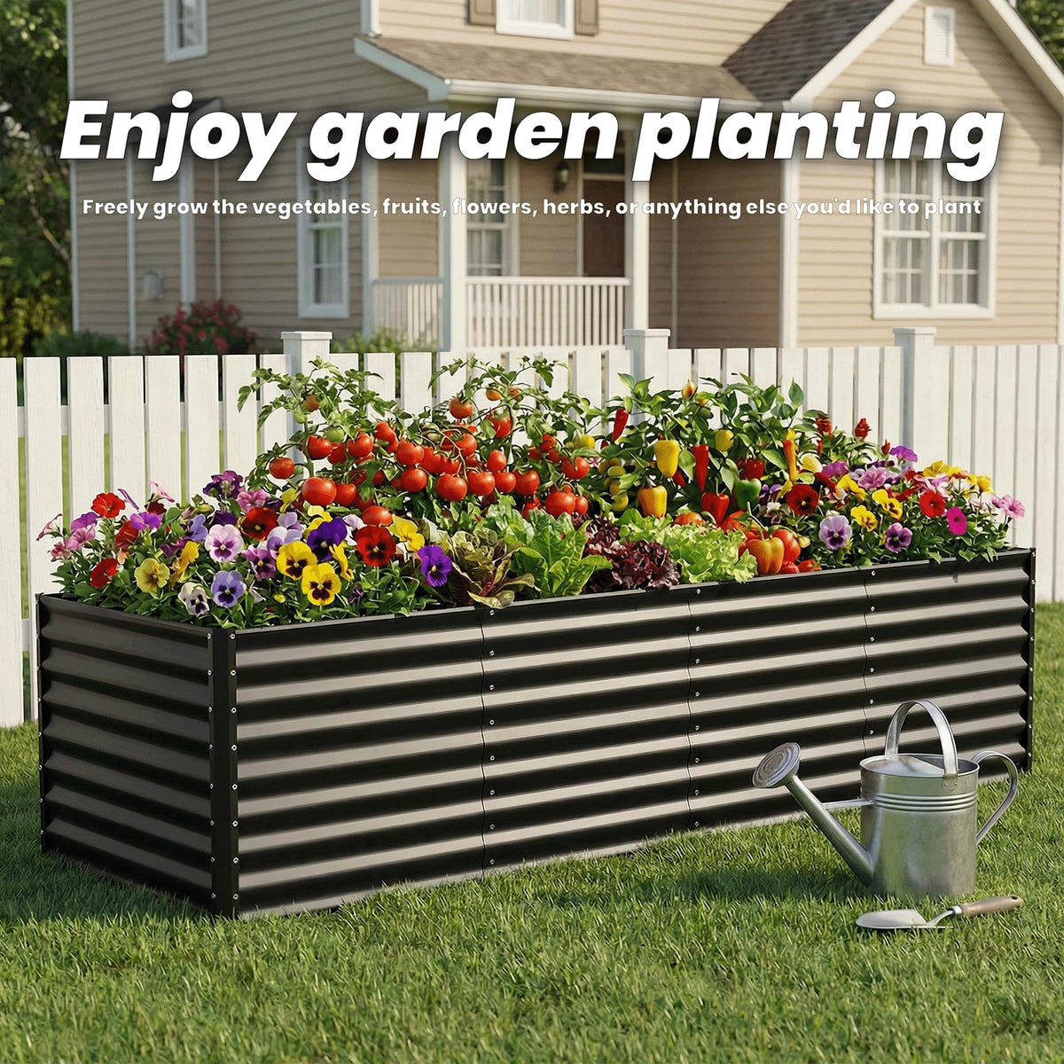 Reachible bed offers 32 cu ft capacity for deep-rooted plants.
