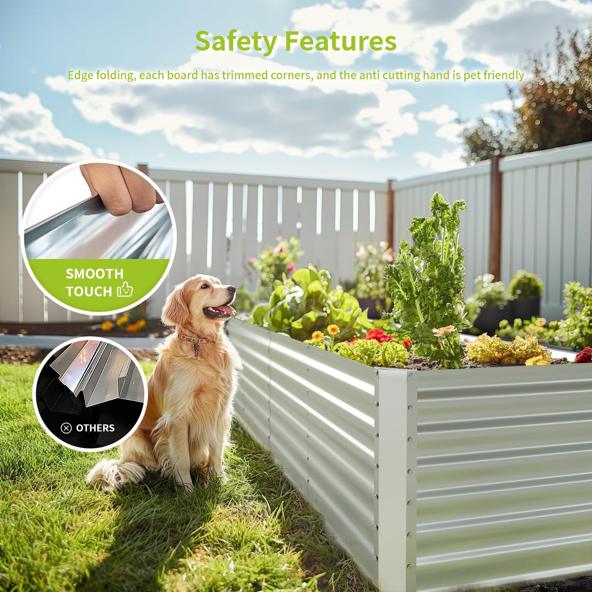 Reachible protective edge with rubber strips ensures safe, comfortable gardening.