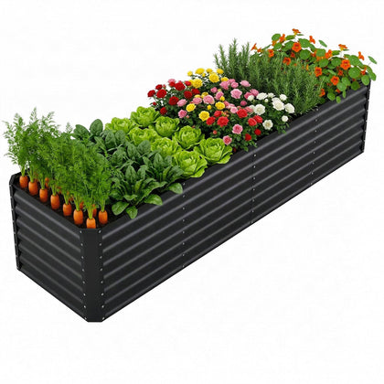 Reachible raised garden bed with open-base for drainage and root health.