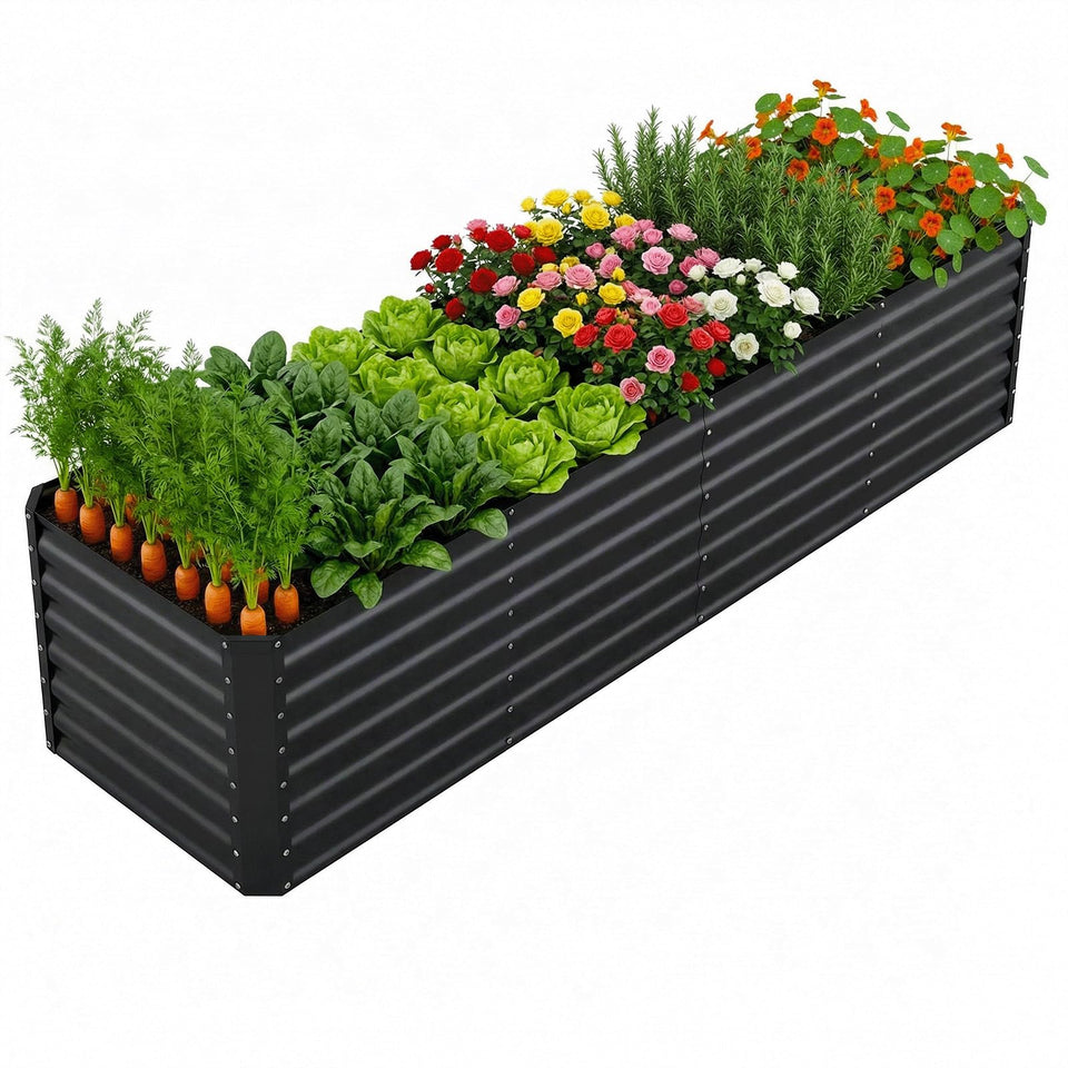 Reachible raised garden bed with open-base for drainage and root health.