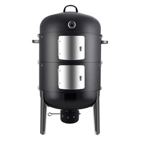 Realcook 20-inch vertical smoker in full backyard view for outdoor grilling