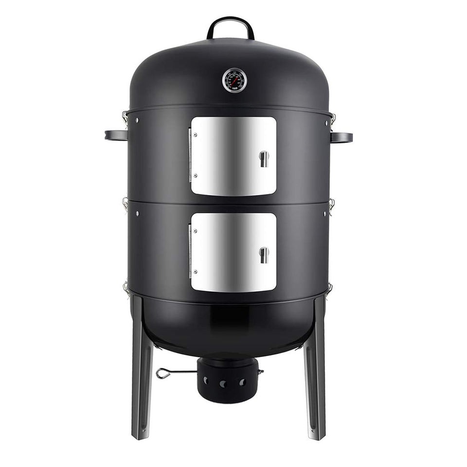 Realcook 20-inch vertical smoker in full backyard view for outdoor grilling